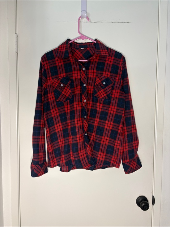 Tops - Red & Navy Plaid Button-Up Flannel Shirt
